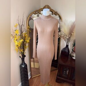 Vero Moda Women's Long Sleeve Rib Knit mock neck Maxi Dress Tan Size M